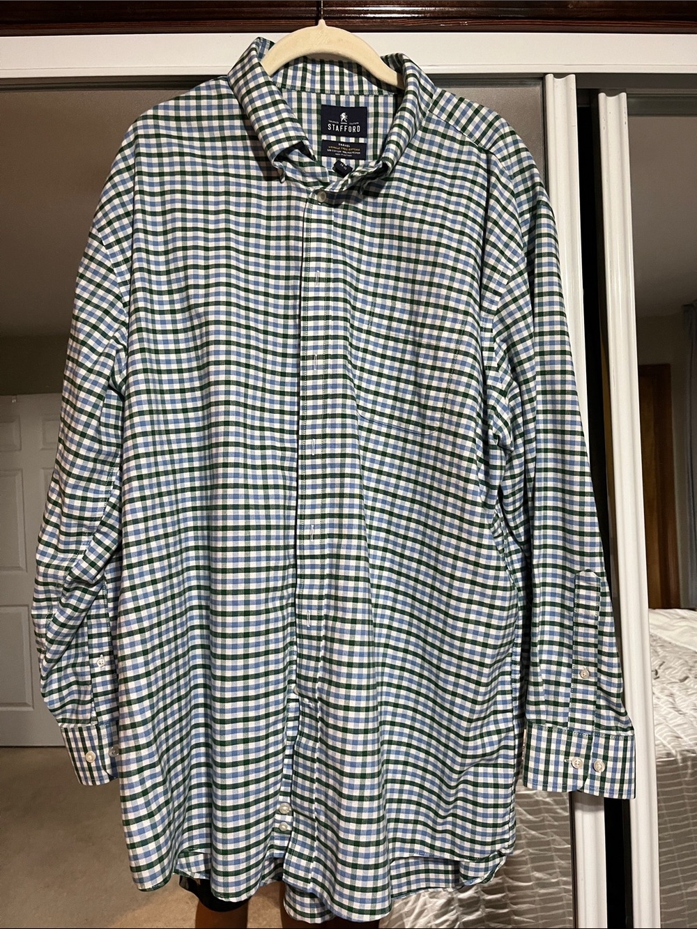 Stafford Green and Blue Plaid Casual Button-Down Shirt